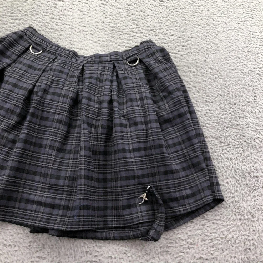 Hot Topic Skirt Womens Medium Gray Plaid Pleated Strap Detail Short Mini